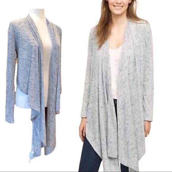 ANTHROPOLOGIE Cascadia Gray/Blue Marled Knit Cardigan Waterfall Front Sz S - Picture 4 of 12